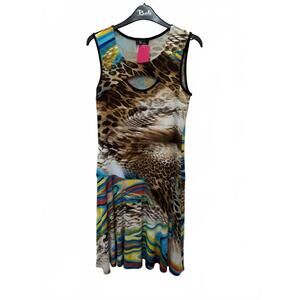 NEW BALI CORP. women's animal print and abstract print dress in brown, royal & y